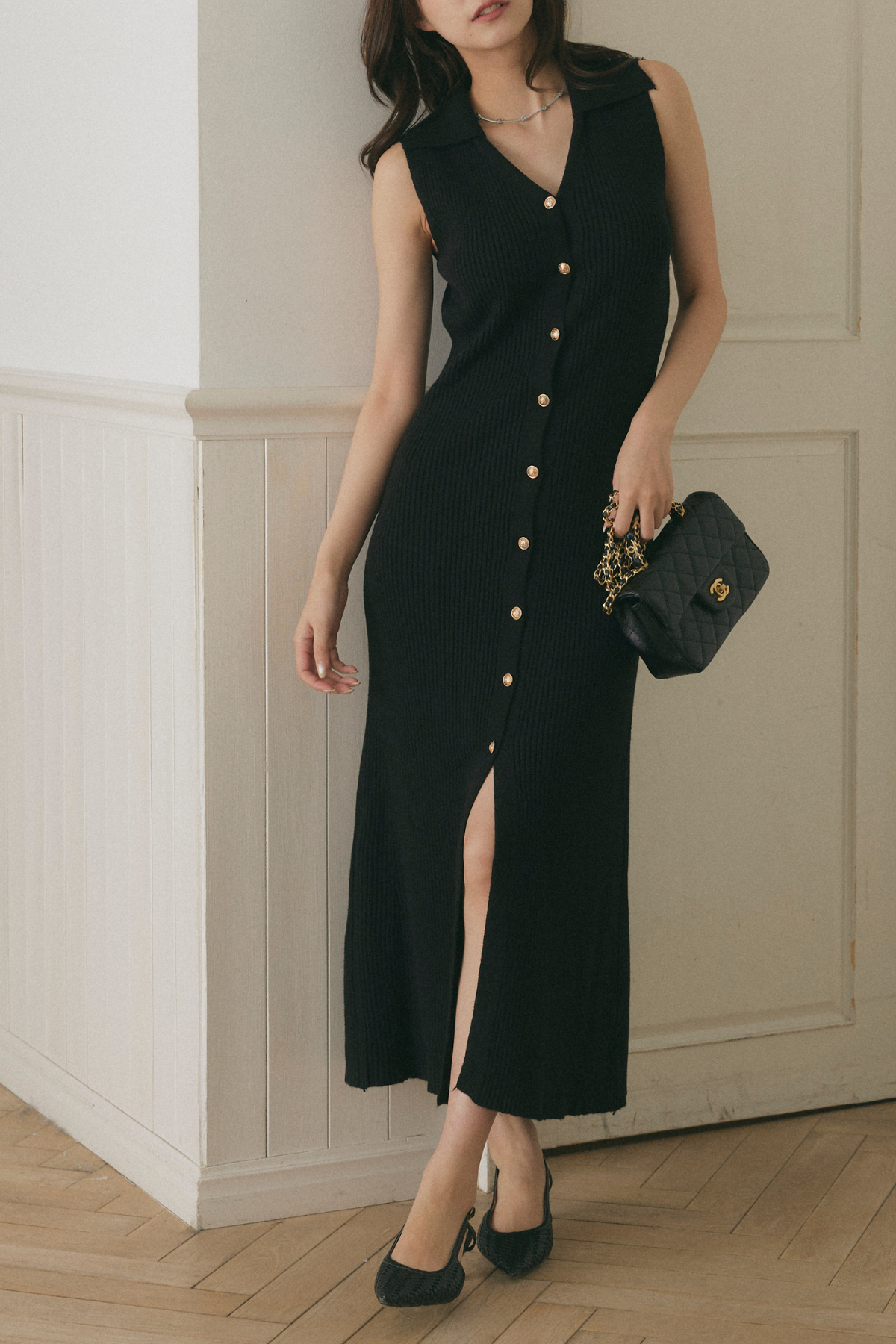 Vネックフロントボタンリブニットワンピース – maison-nua_shop