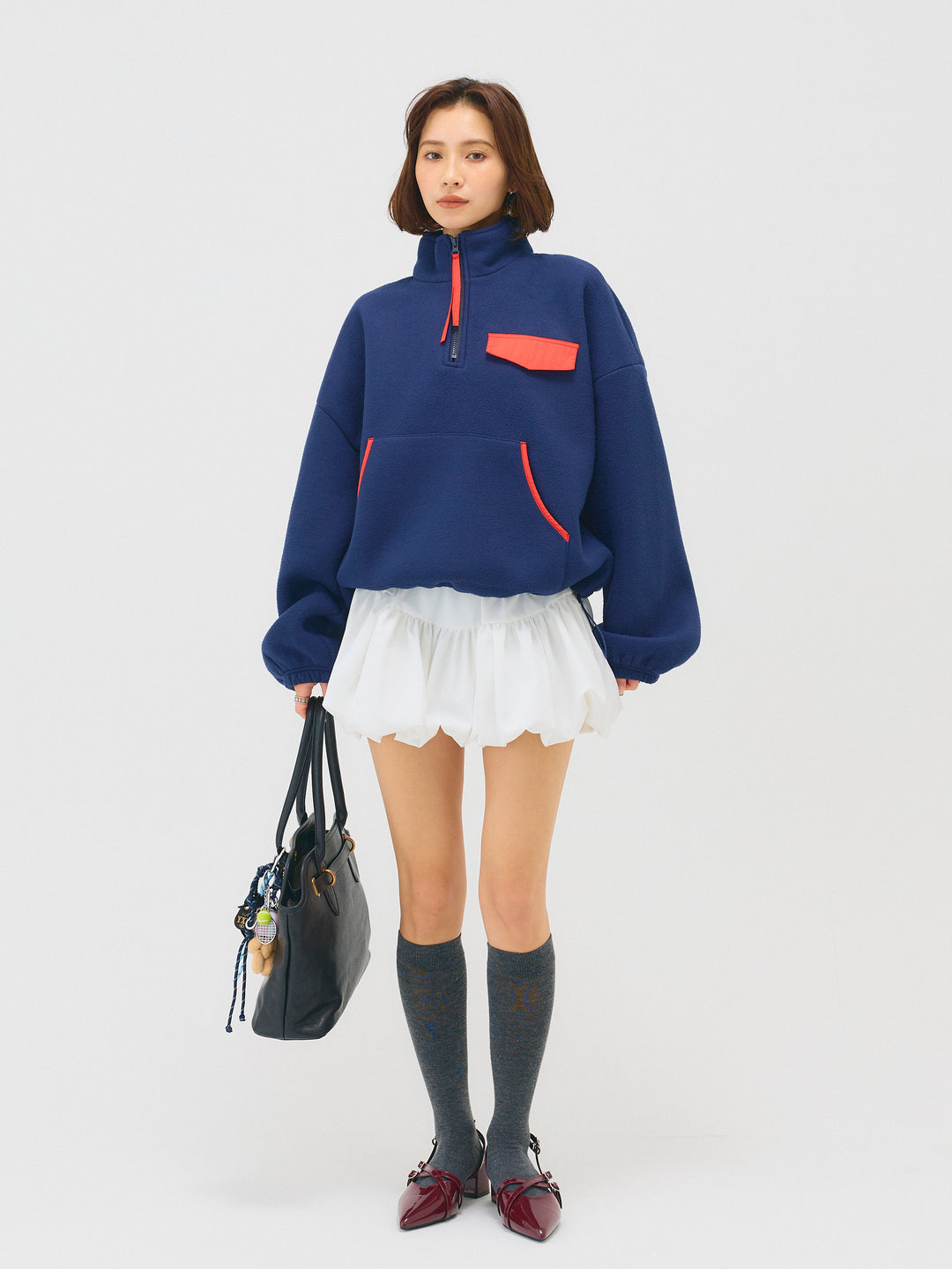 配色フリースオーバーサイズトップス/NAVY