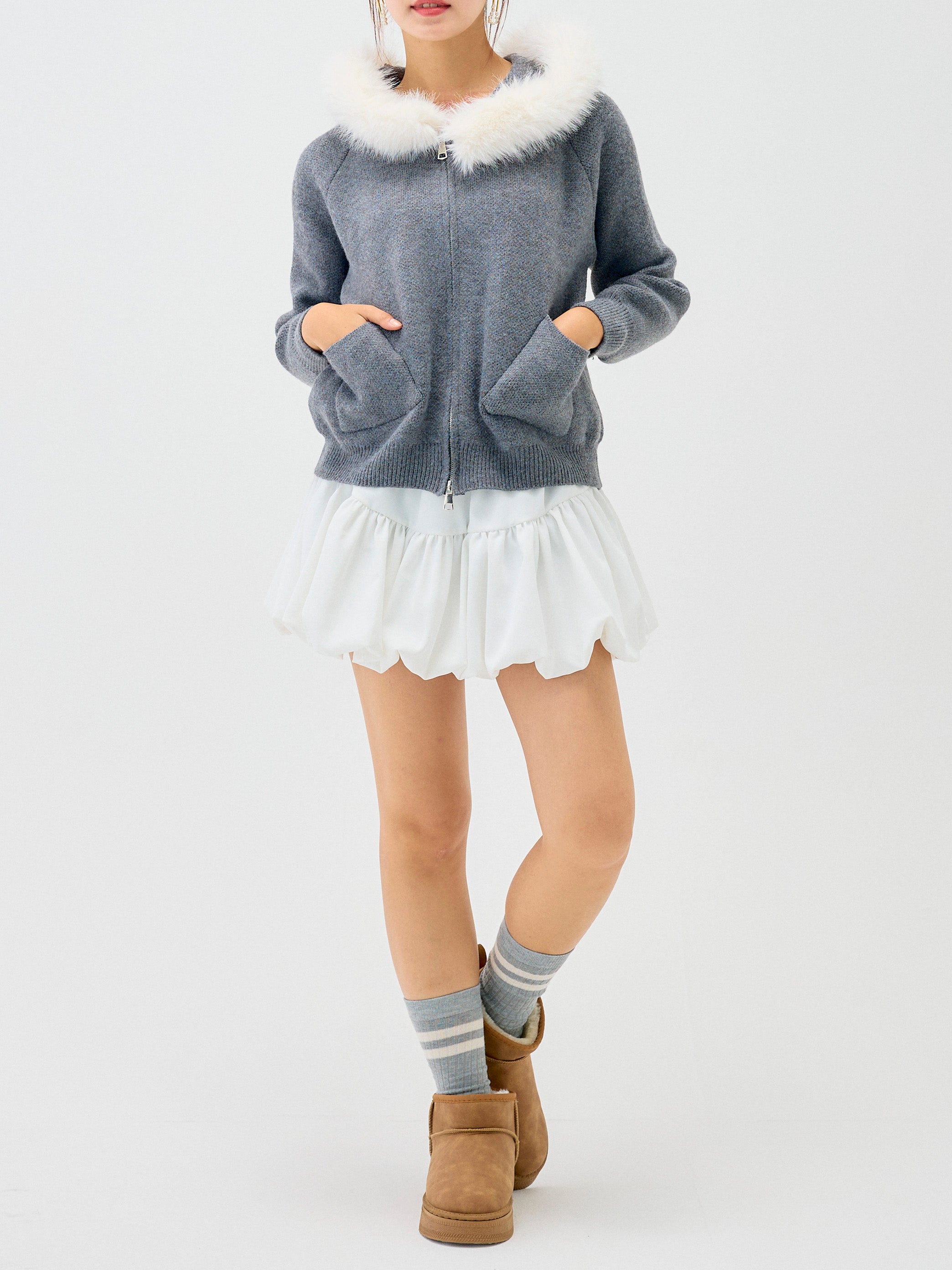 予約]FURフードニットジップカーディガン/GRAY – maison-nua_shop