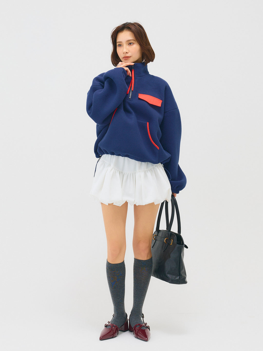 配色フリースオーバーサイズトップス/NAVY