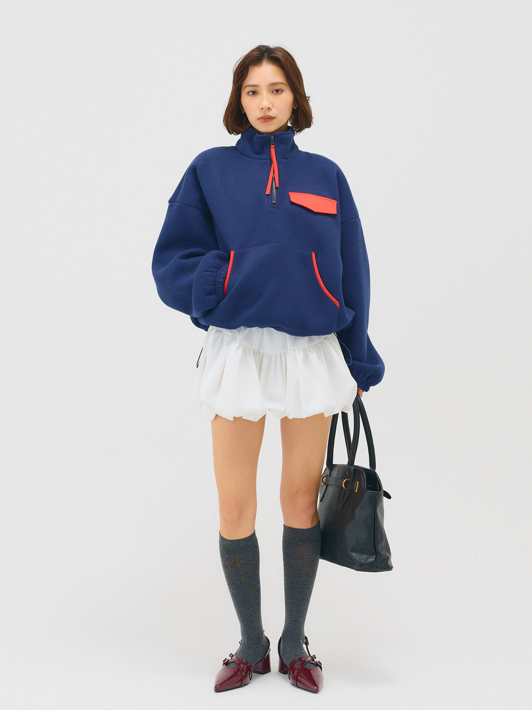 配色フリースオーバーサイズトップス/NAVY