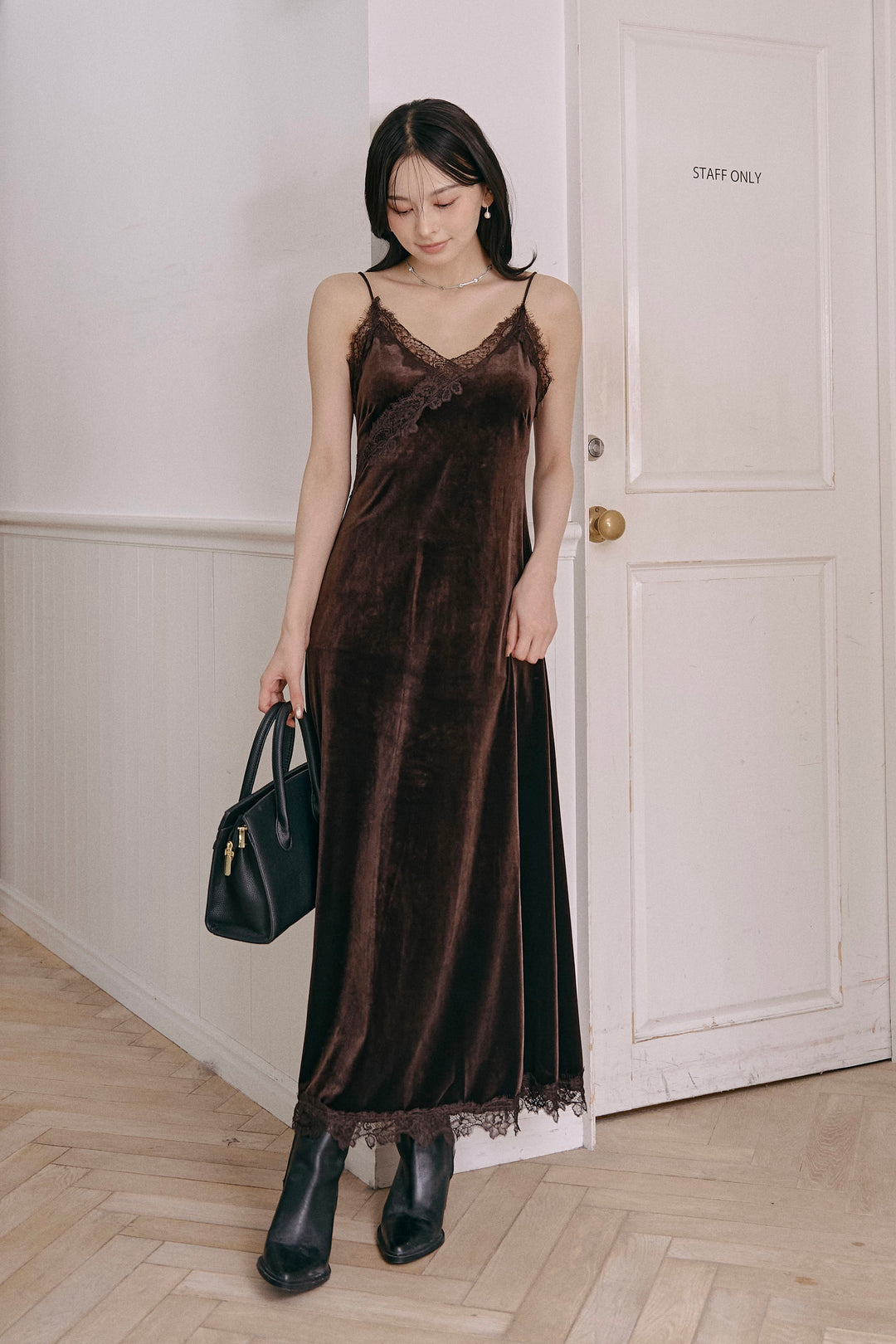 ベロアレースロングキャミワンピース