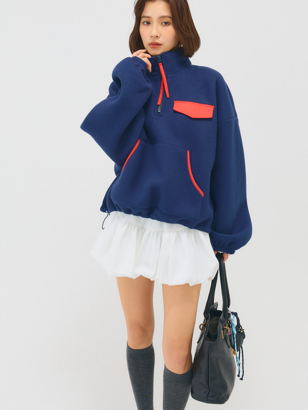 配色フリースオーバーサイズトップス/NAVY