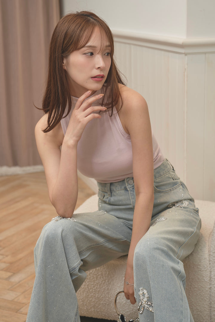 ビジューリボンワイドデニムパンツ