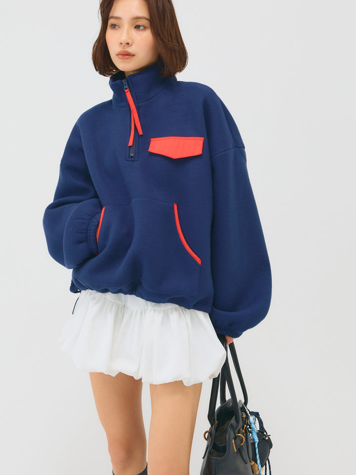 配色フリースオーバーサイズトップス/NAVY
