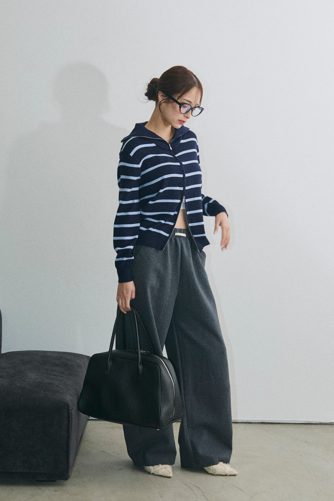 ボーダージップアップニット