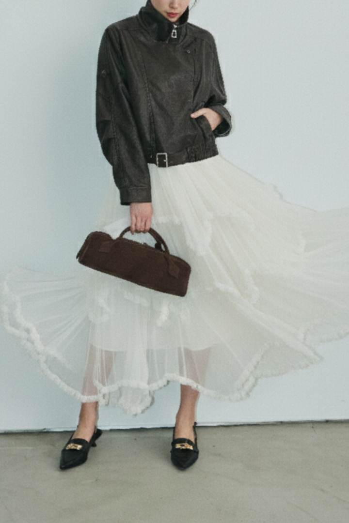 チュールティアードロングスカート