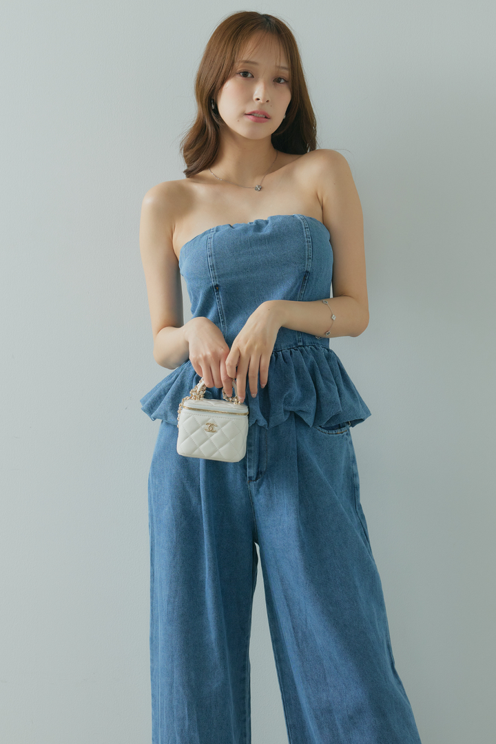 デニムフリルベアビスチェ×デニムワイドパンツ