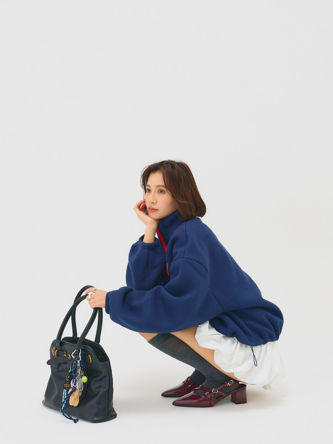 配色フリースオーバーサイズトップス/NAVY