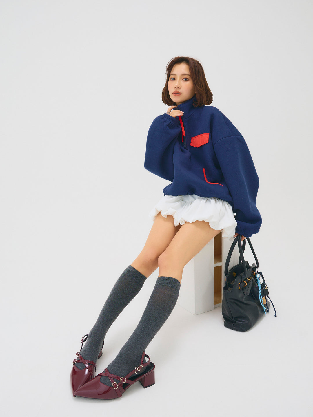 配色フリースオーバーサイズトップス/NAVY