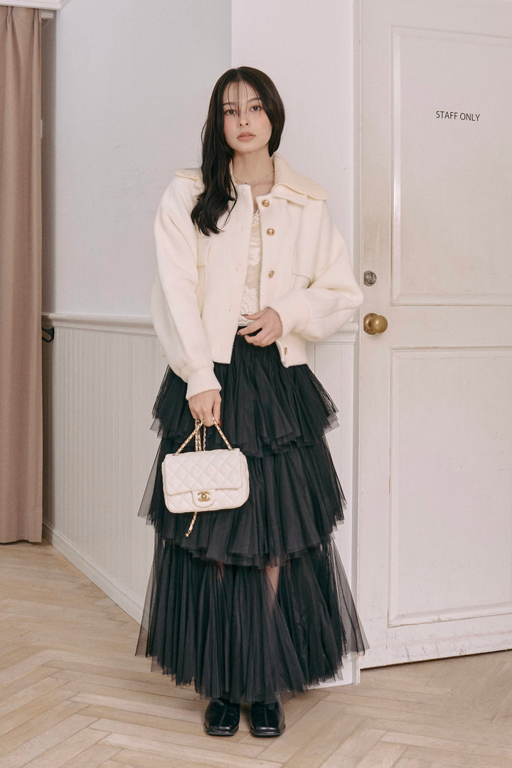 [SET]バイカラーゴールドボタンニットジャケット+3段ティアードチュールボリュームスカート(2set)