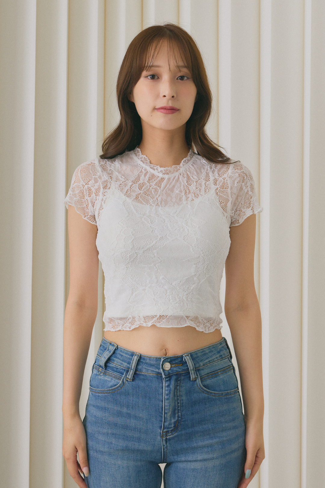 シアーレーススカラップクロップドTシャツ