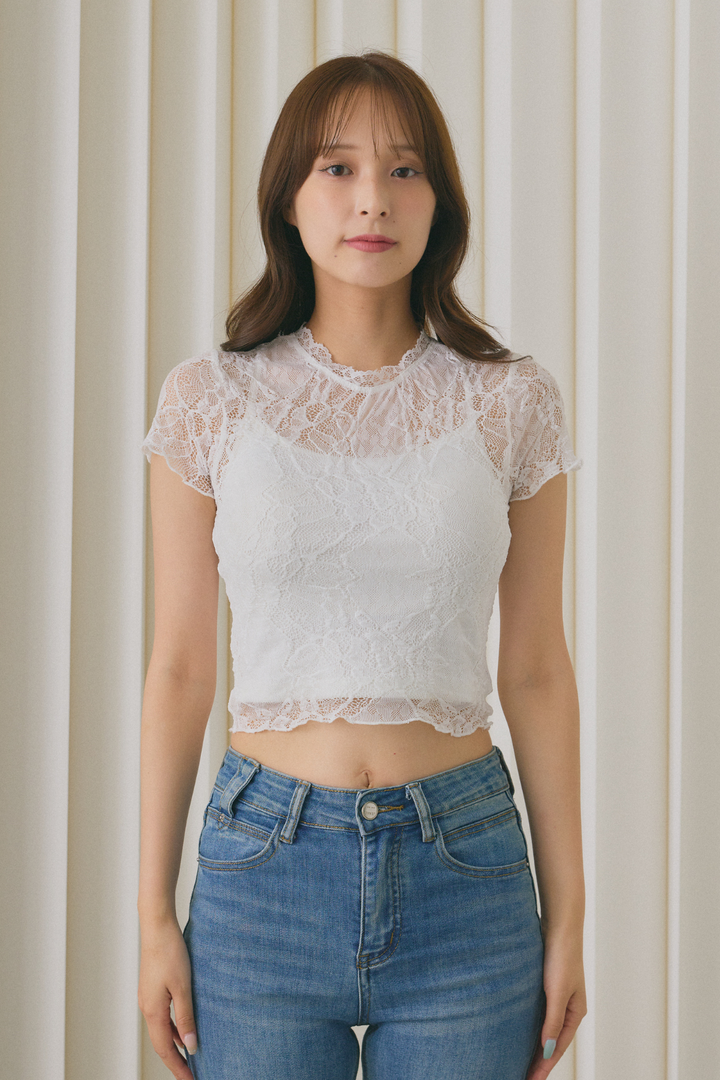 シアーレーススカラップクロップドTシャツ
