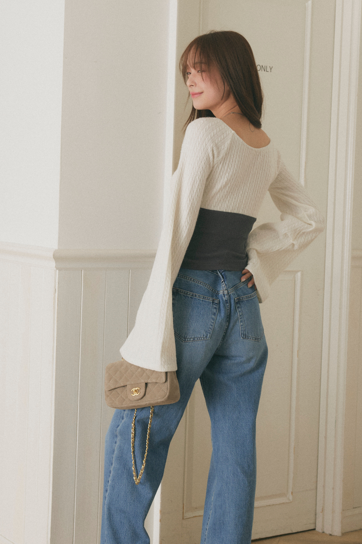 Vネックウエストライントップス