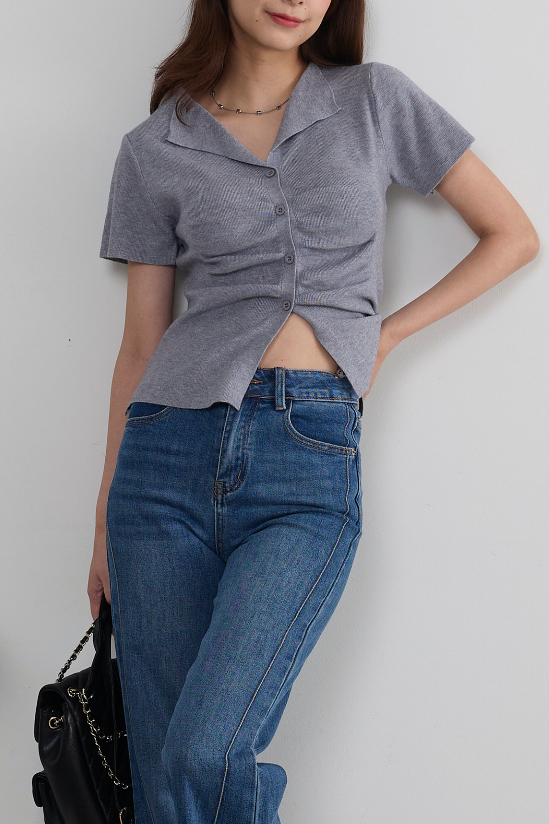 フロントシャーリング半袖ニット