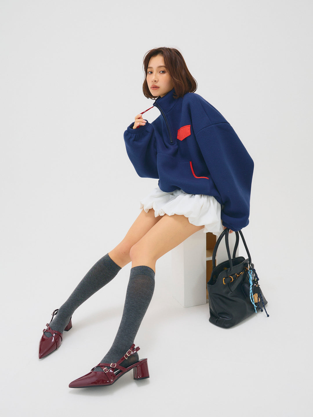 配色フリースオーバーサイズトップス/NAVY