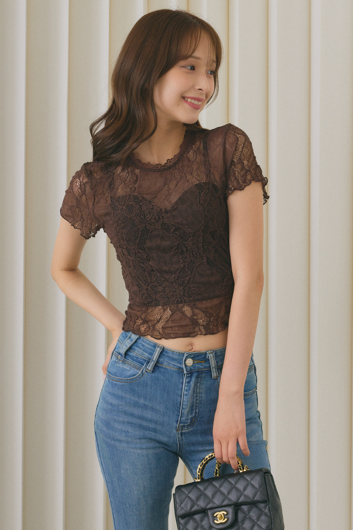 シアーレーススカラップクロップドTシャツ