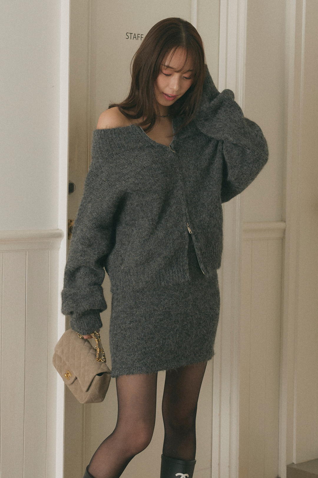 ダブルジップオフショルダーニットセットアップ