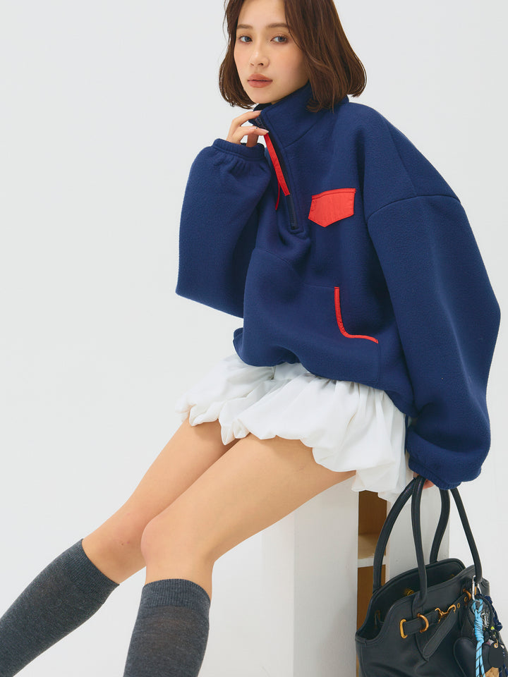 配色フリースオーバーサイズトップス/NAVY