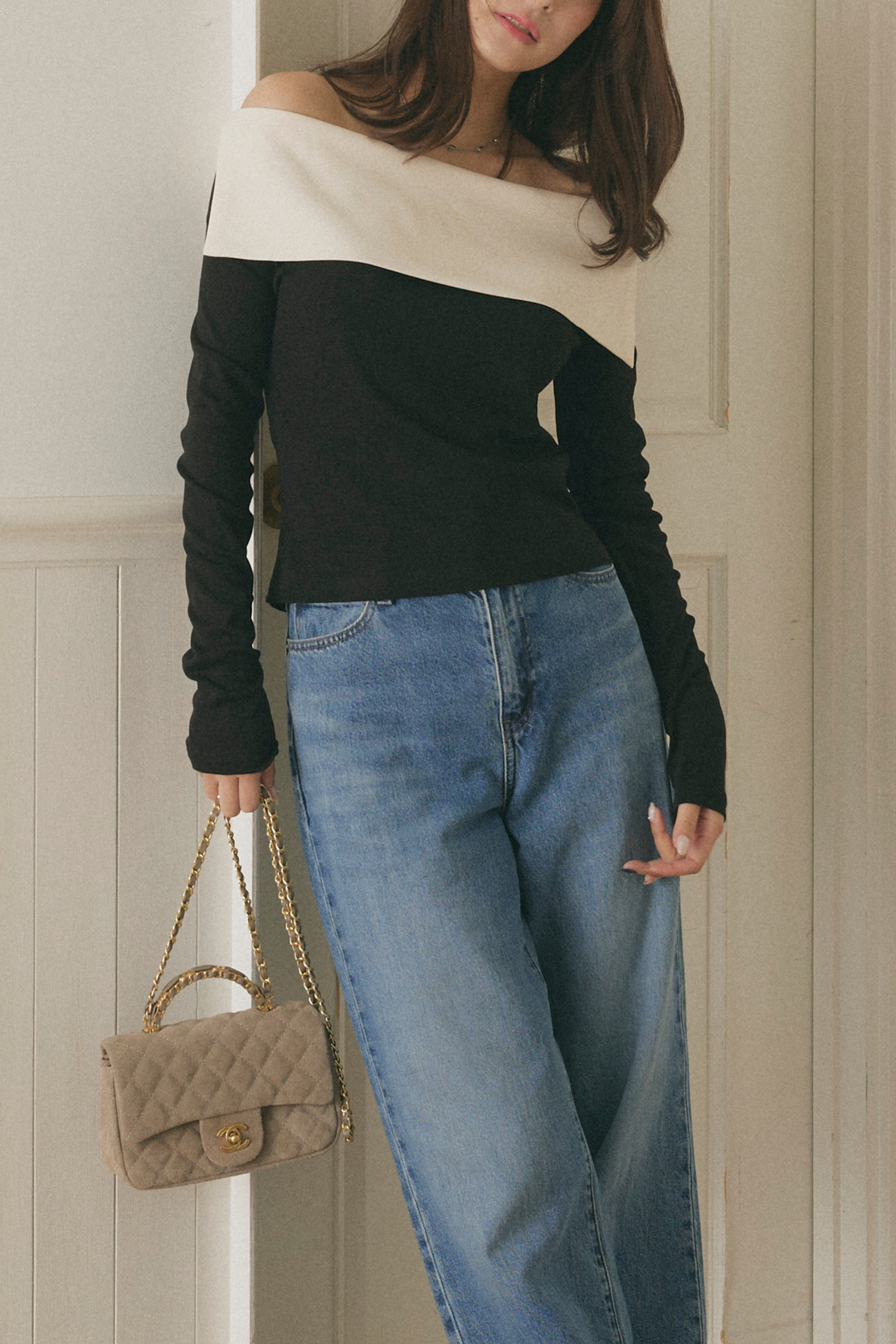 バイカラーオフショルクラシックトップス – maison-nua_shop