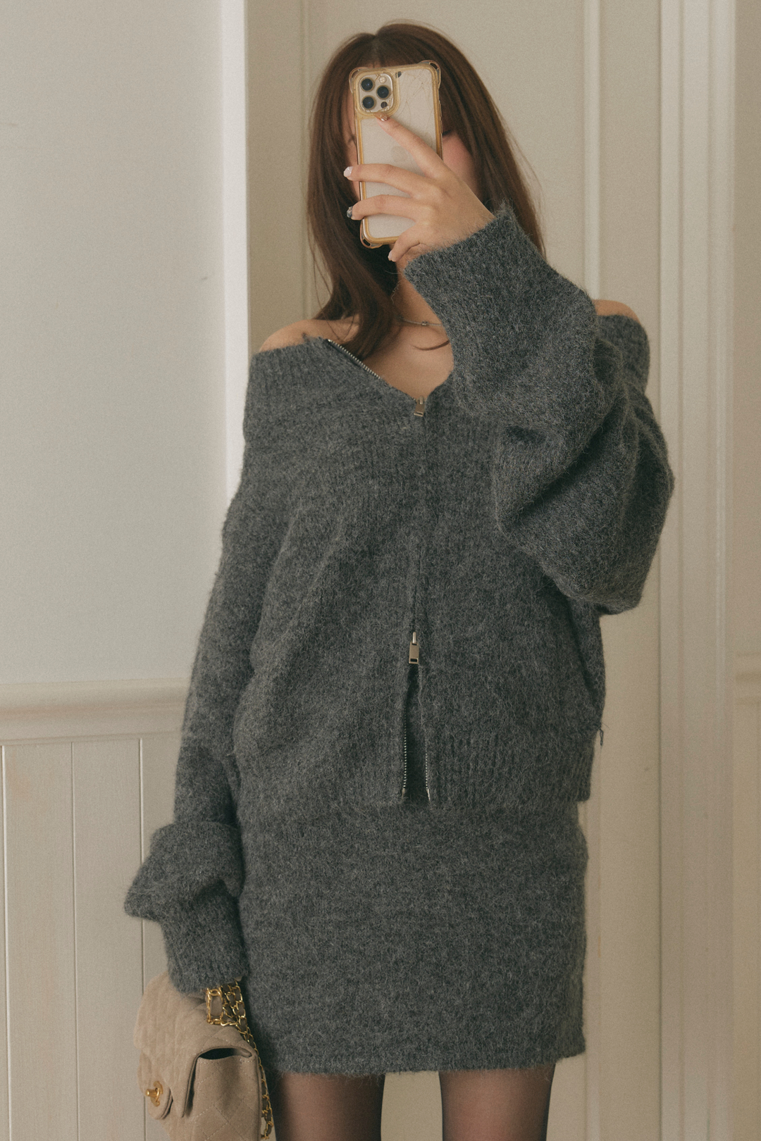 ダブルジップオフショルダーニットセットアップ