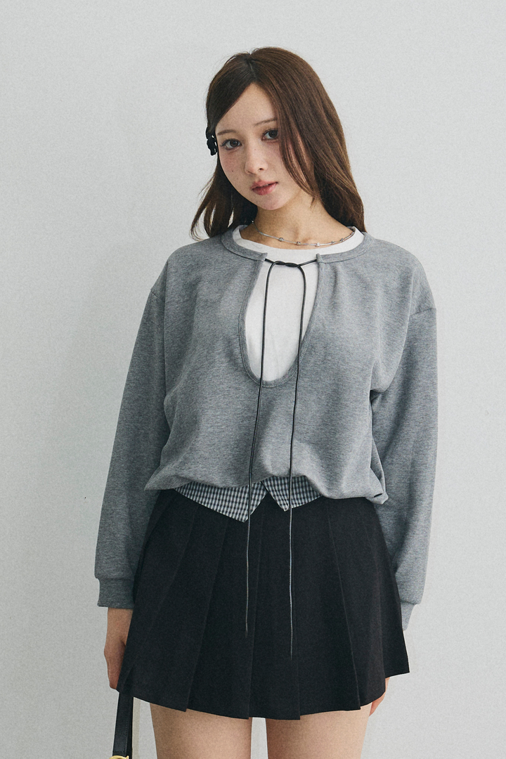 バイカラーレイヤード胸元リボントップス