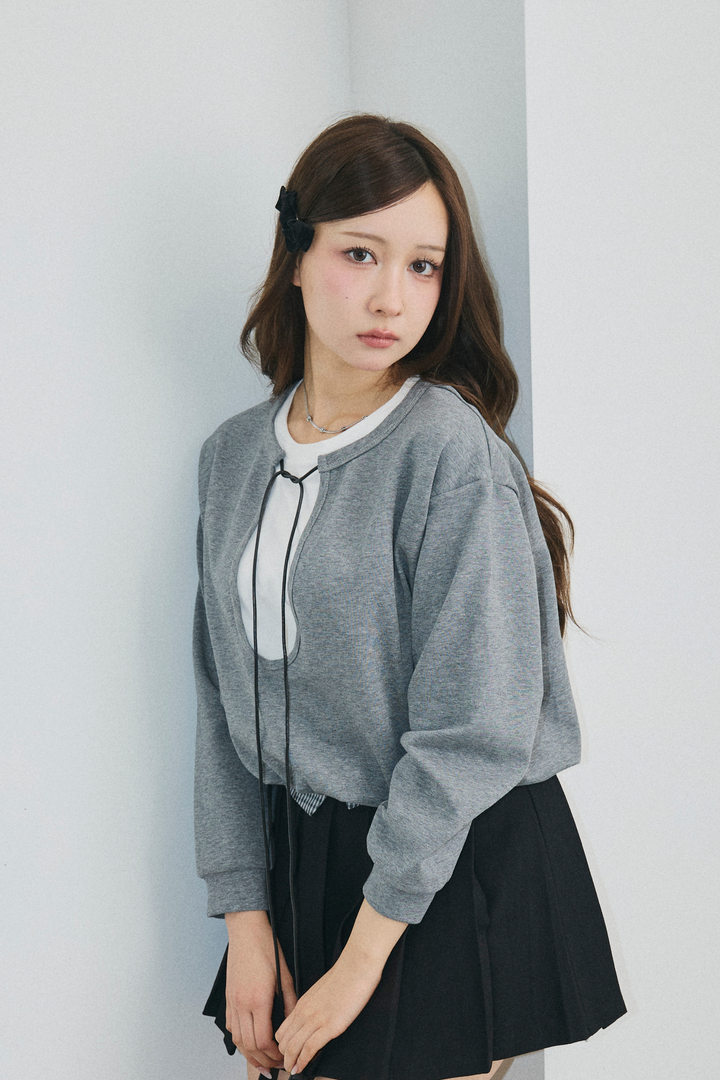 バイカラーレイヤード胸元リボントップス