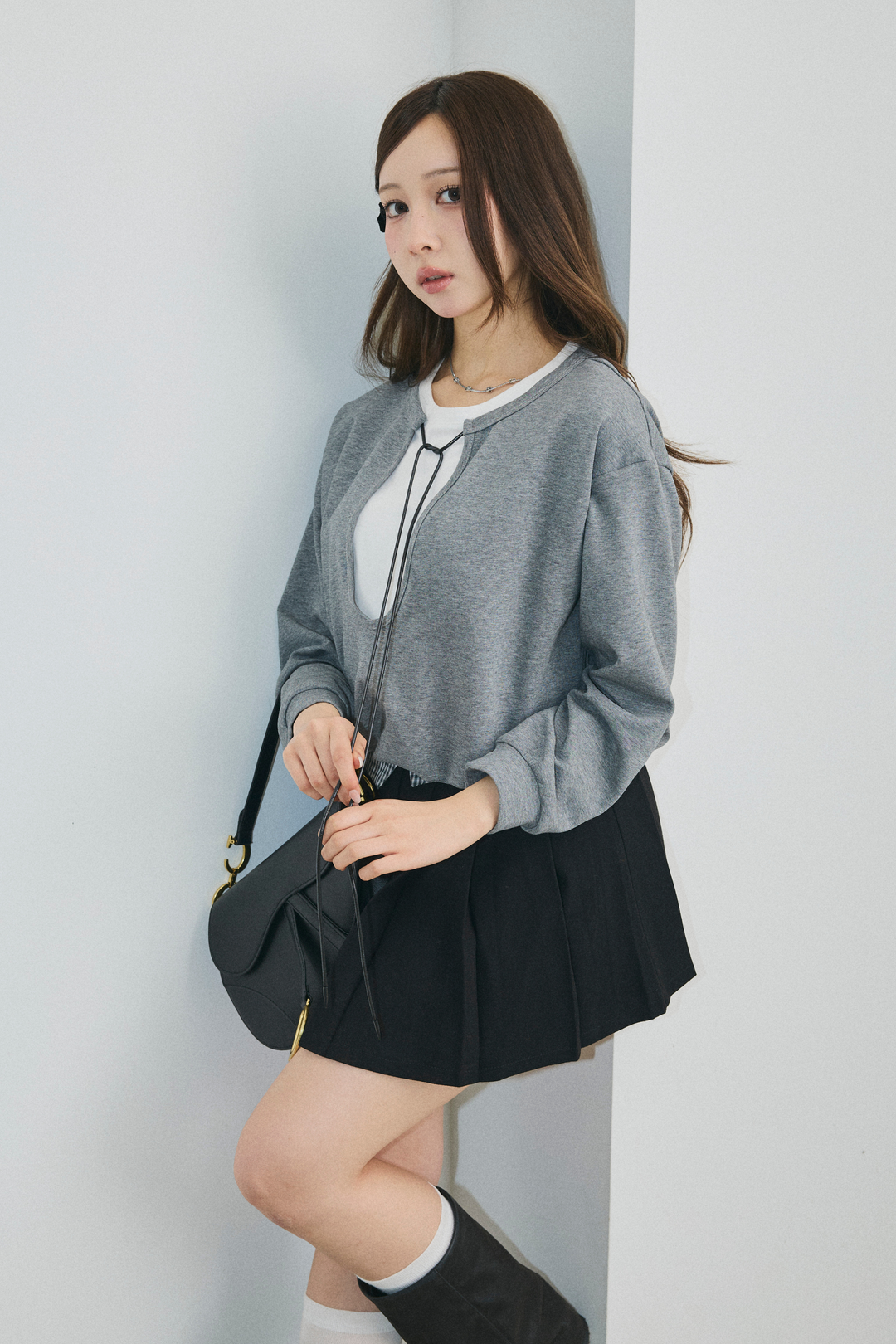 バイカラーレイヤード胸元リボントップス