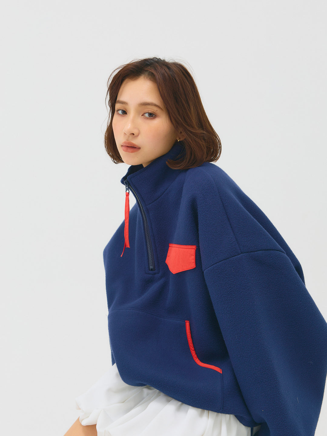 配色フリースオーバーサイズトップス/NAVY