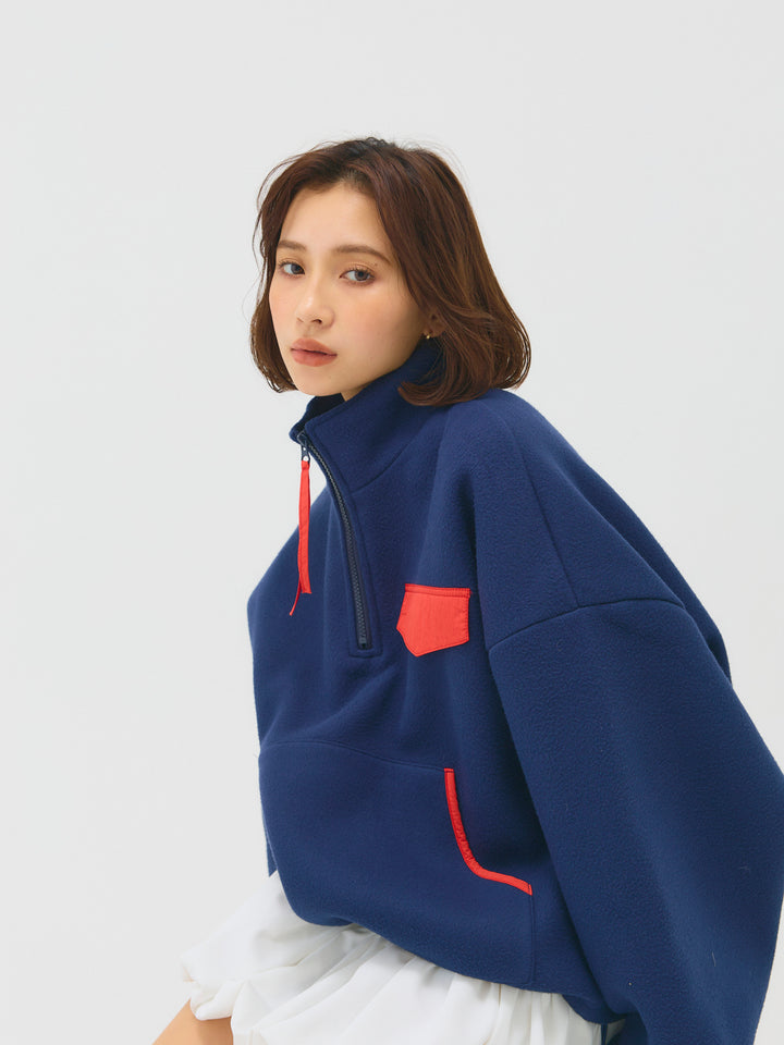配色フリースオーバーサイズトップス/NAVY