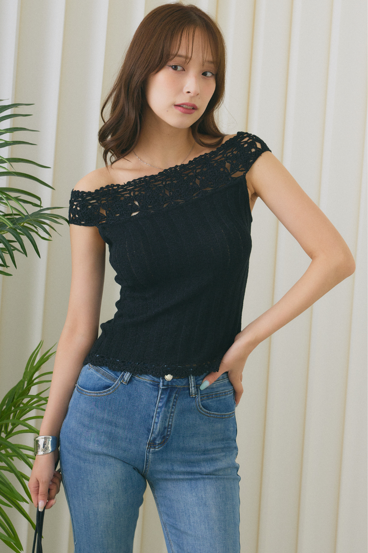 [SET]2WAYクロシェレースサマーニットトップス+美脚ストレッチデニム（ベルト付き）(2set)
