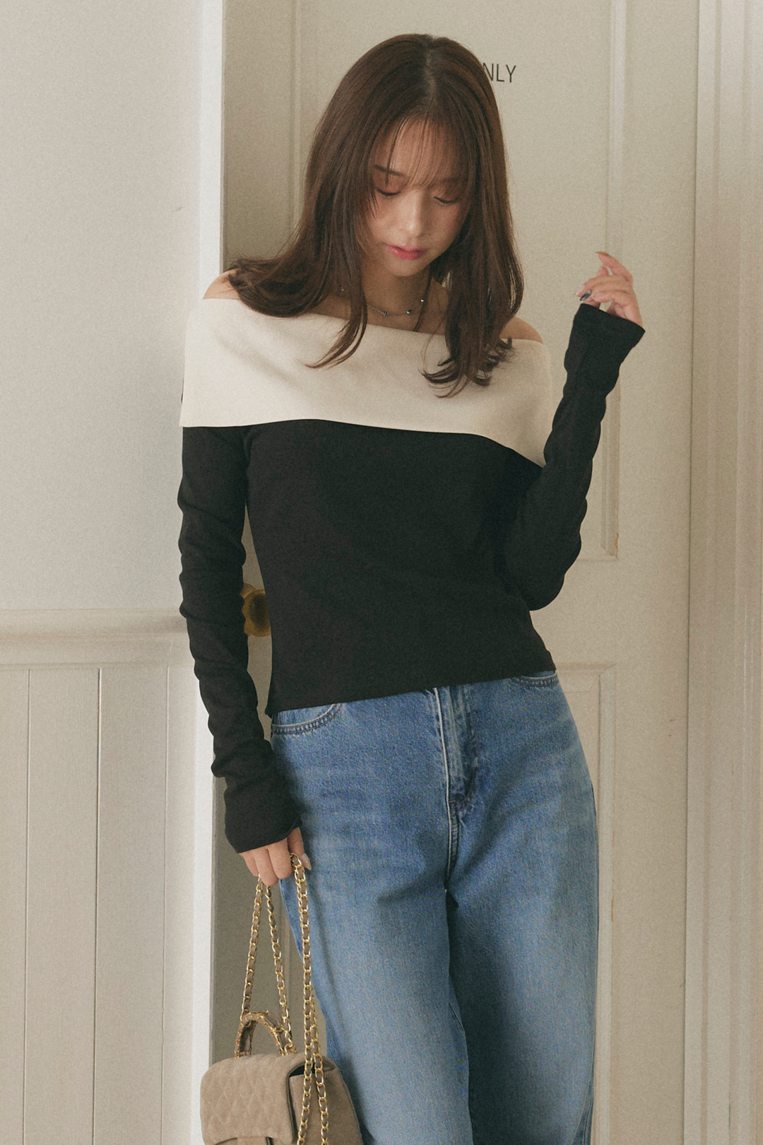 バイカラーオフショルクラシックトップス – maison-nua_shop