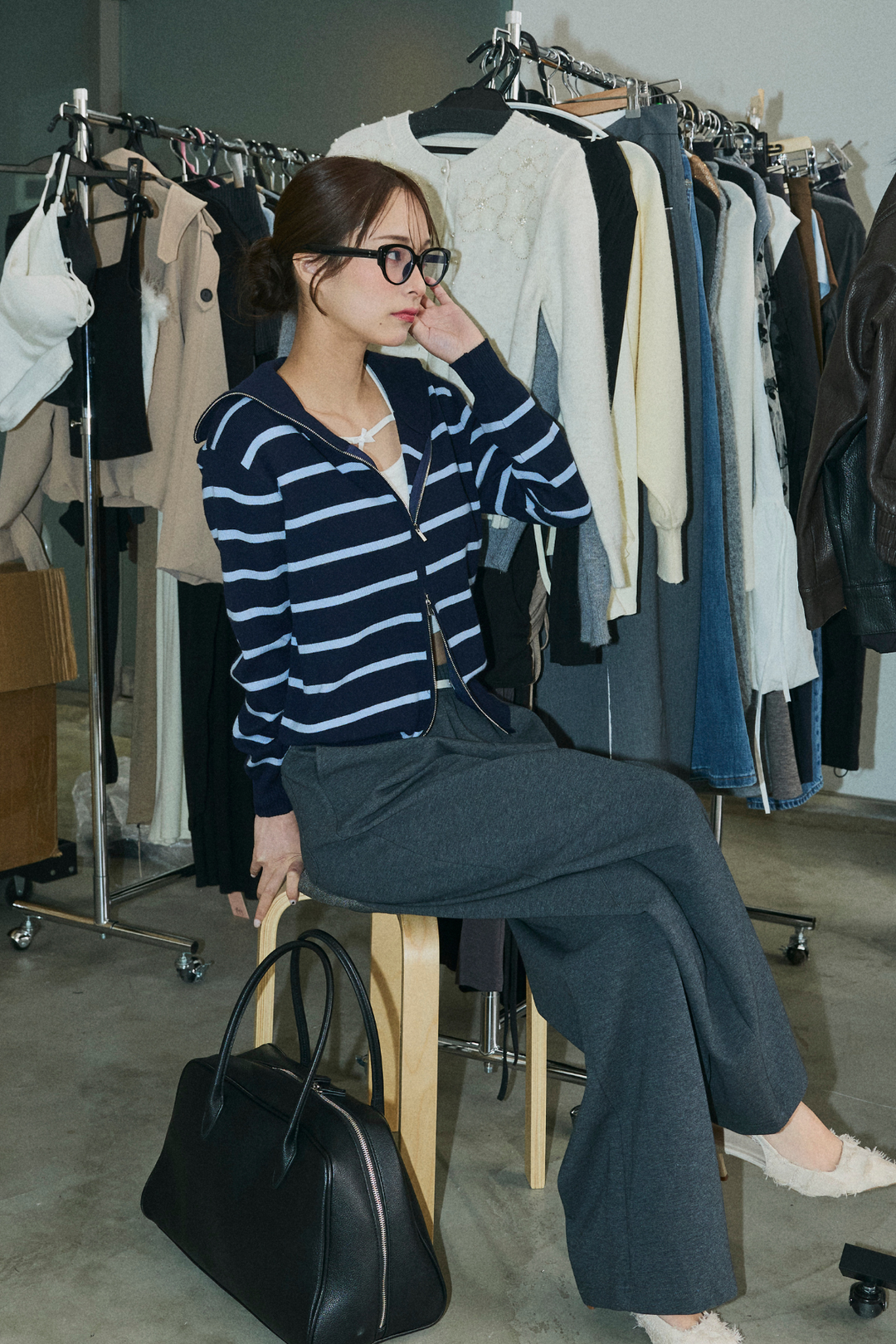 ボーダージップアップニット