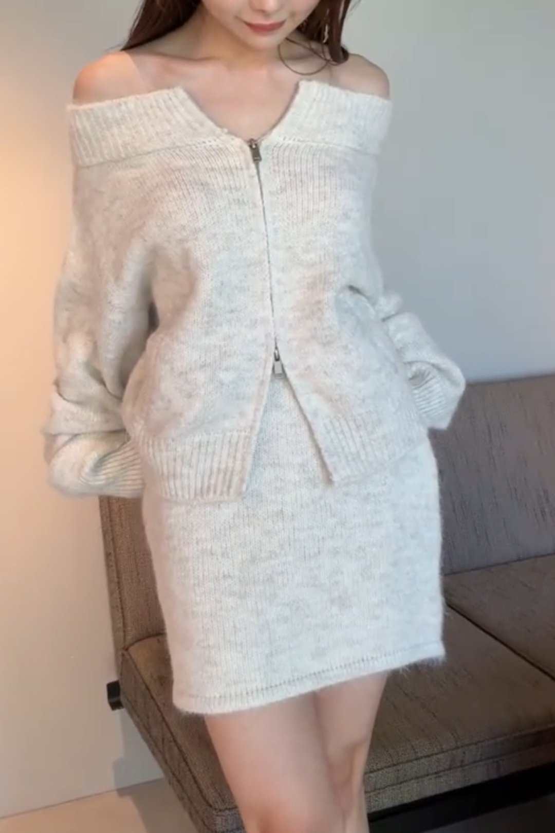 ダブルジップオフショルダーニットセットアップ