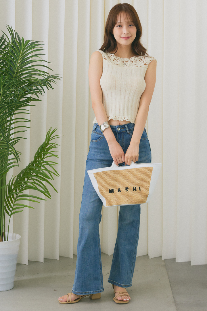 [SET]2WAYクロシェレースサマーニットトップス+美脚ストレッチデニム（ベルト付き）(2set)