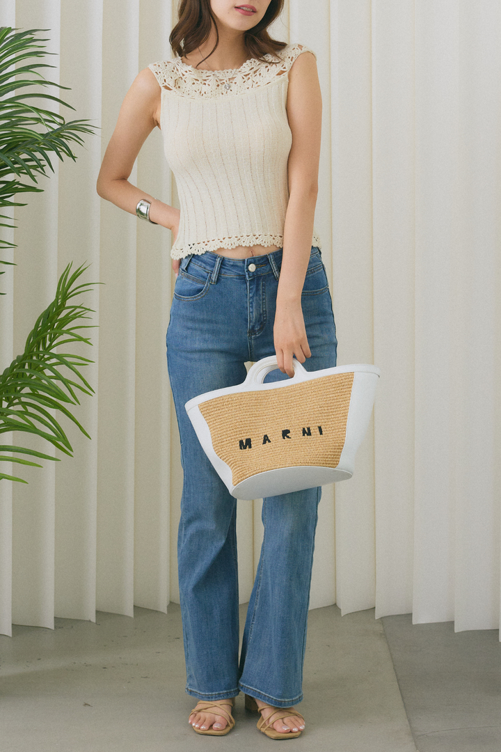 [SET]2WAYクロシェレースサマーニットトップス+美脚ストレッチデニム（ベルト付き）(2set)