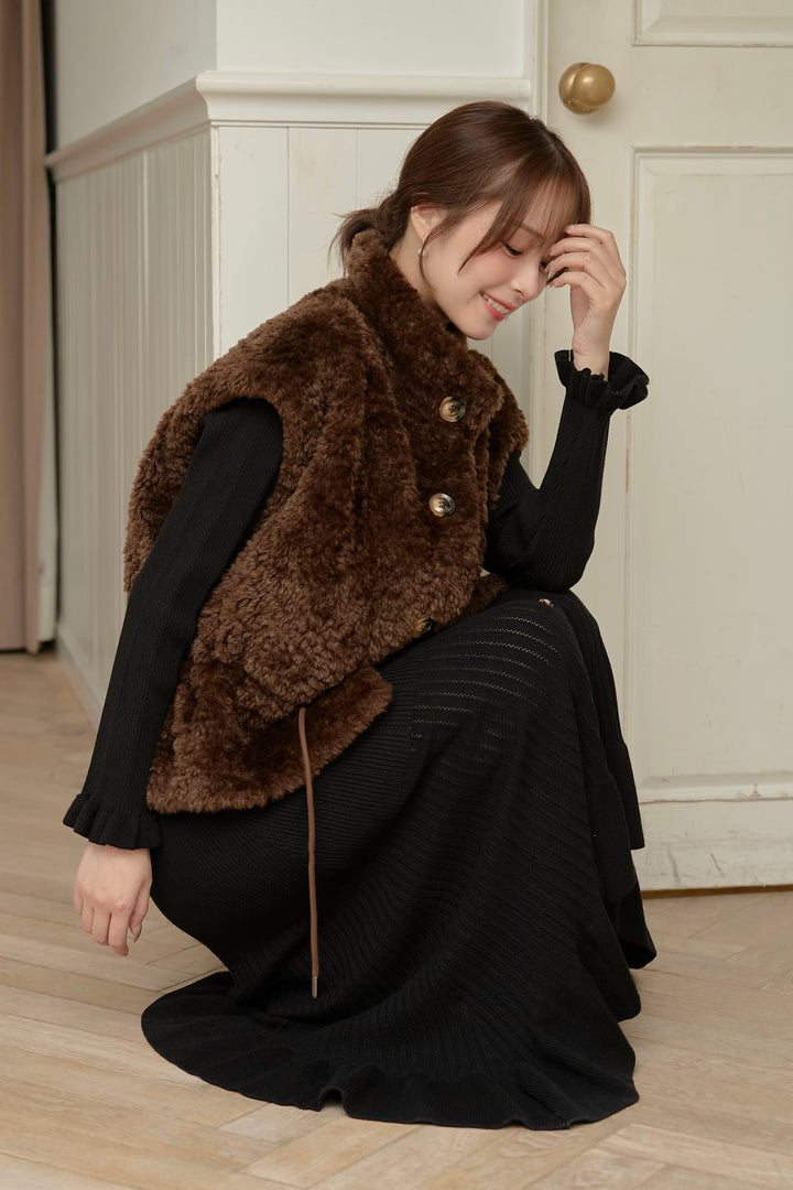 [SET]リバーシブルムートンボアベスト+Vネックフリルリブニットワンピース(2set)
