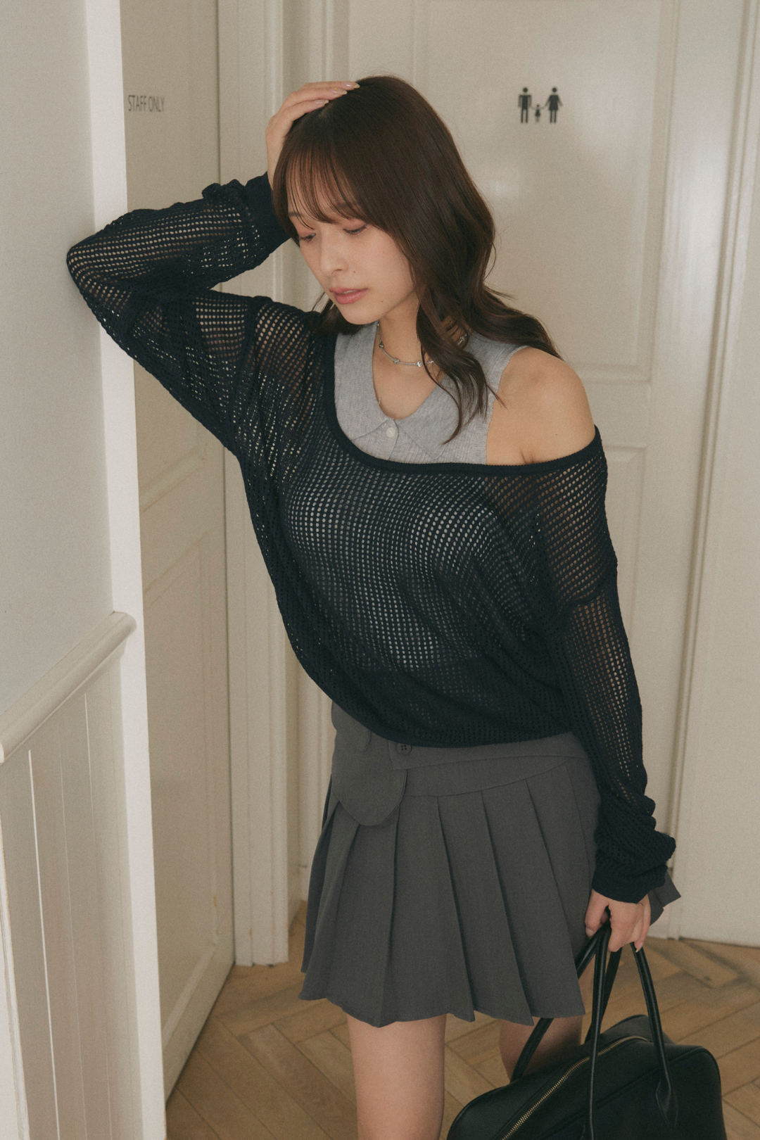 メッシュニット＆ポロ襟トップスセット