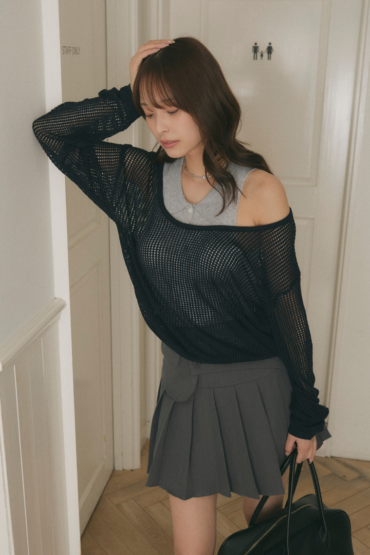 メッシュニット＆ポロ襟トップスセット