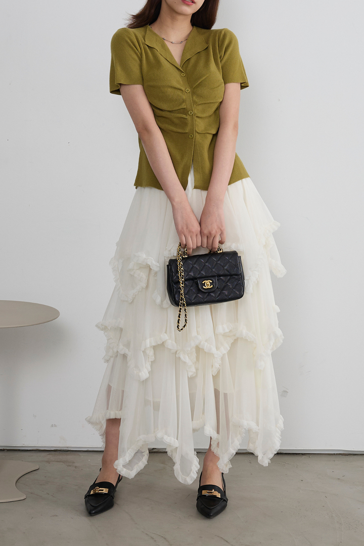 フロントシャーリング半袖ニット