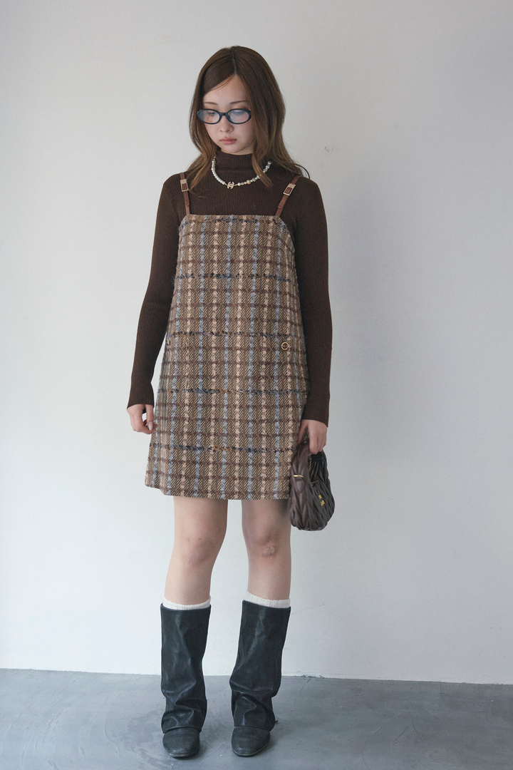 ニット付きツイードレザーベルトショルダーワンピースセット