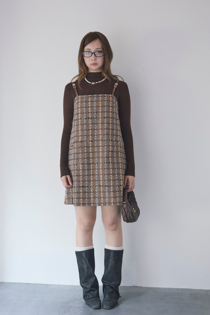 ニット付きツイードレザーベルトショルダーワンピースセット