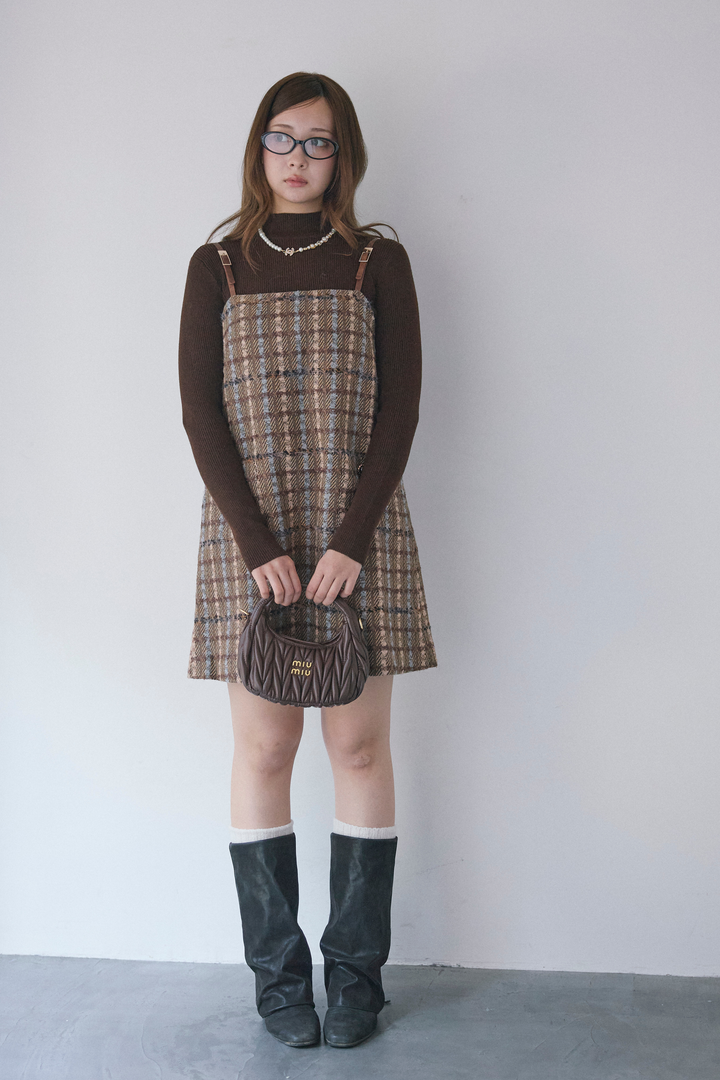 ニット付きツイードレザーベルトショルダーワンピースセット