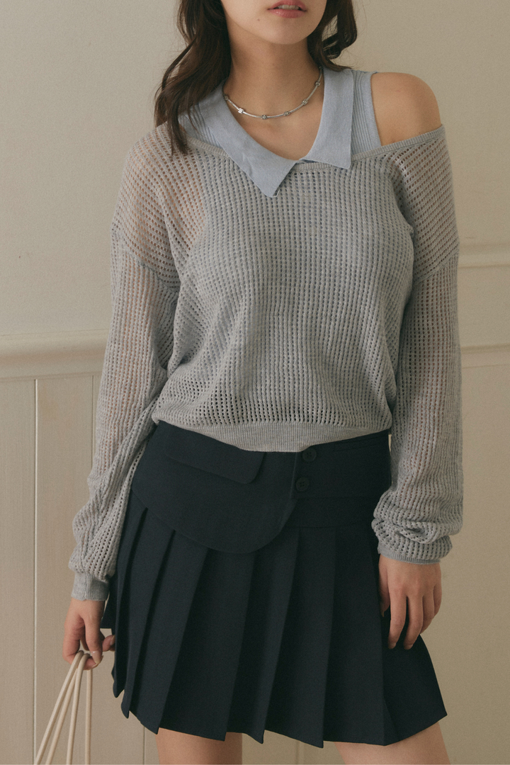 メッシュニット＆ポロ襟トップスセット