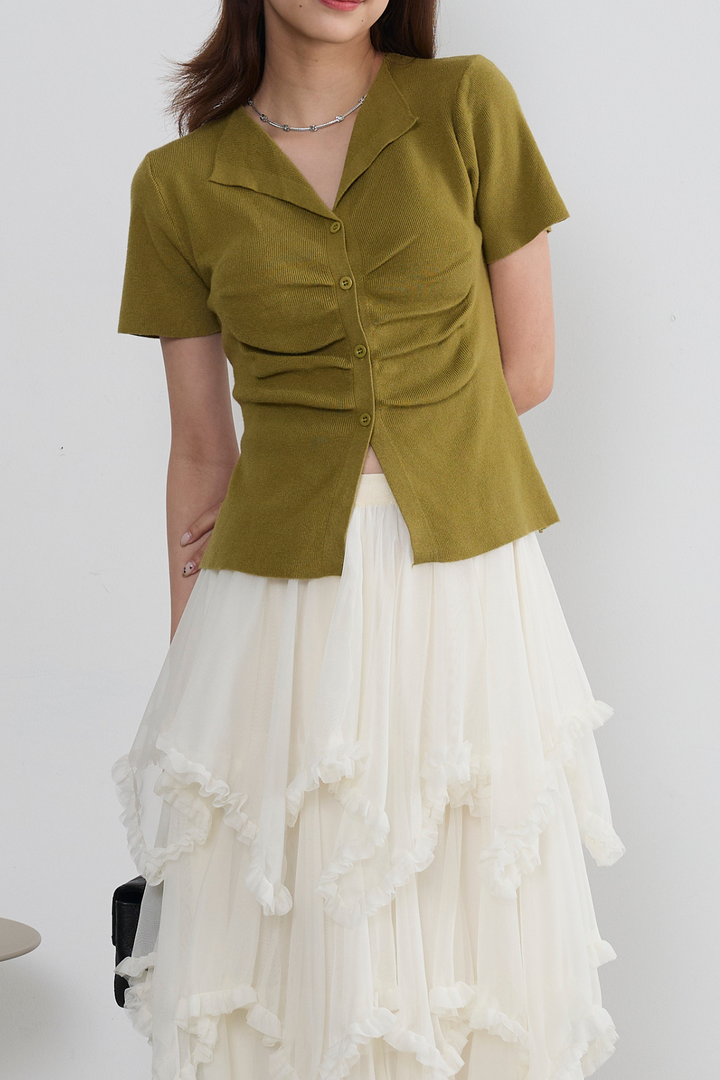 フロントシャーリング半袖ニット