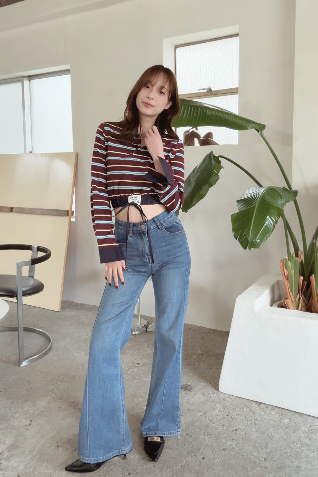 ストライプウエストギャザートップス