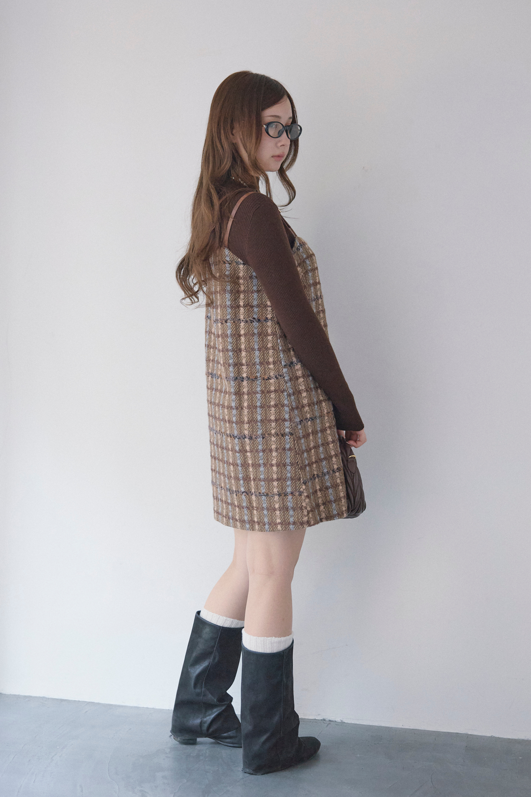 ニット付きツイードレザーベルトショルダーワンピースセット