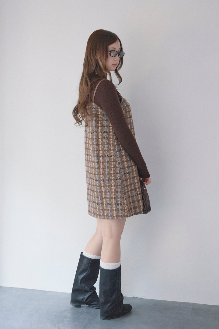 ニット付きツイードレザーベルトショルダーワンピースセット