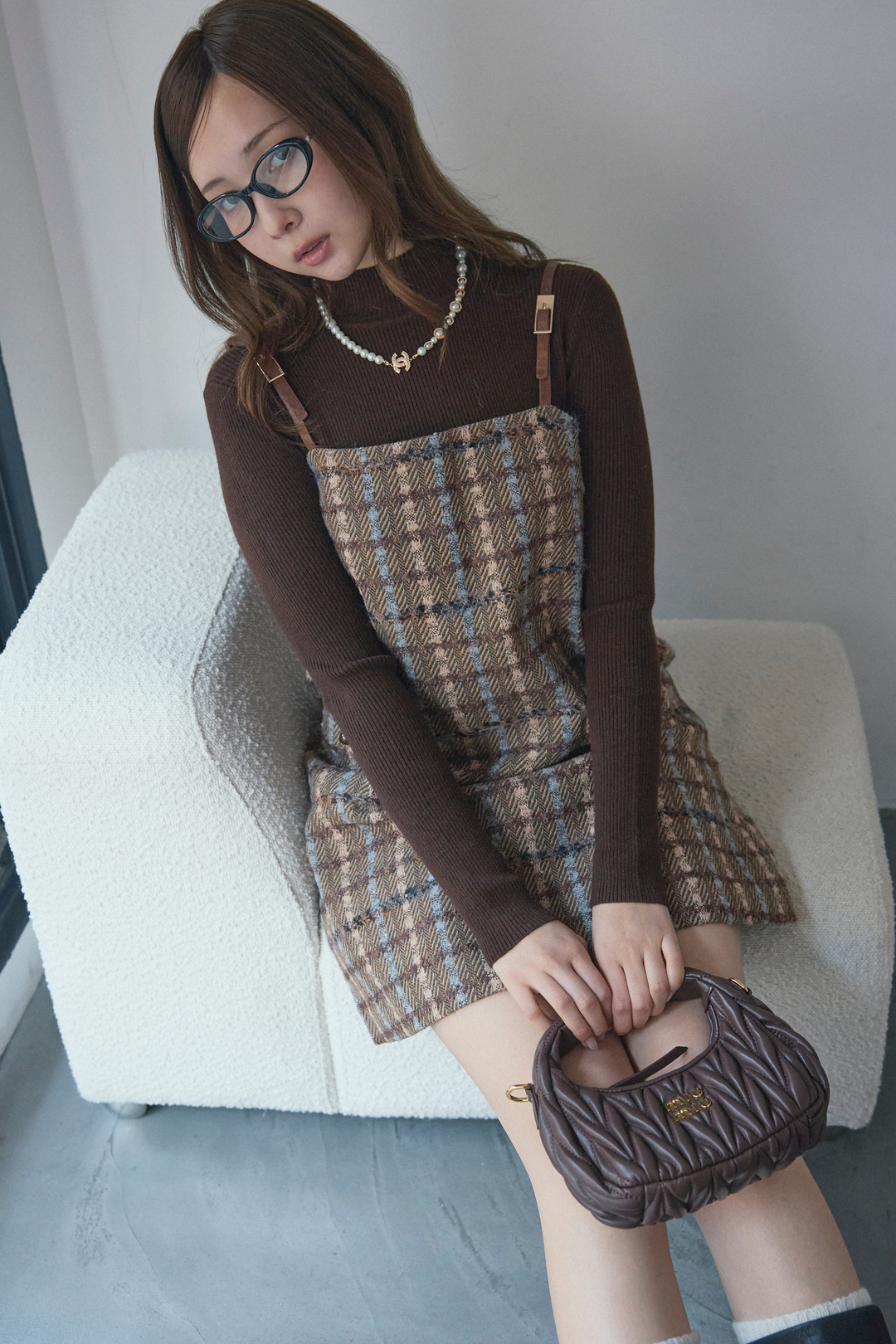 ニット付きツイードレザーベルトショルダーワンピースセット