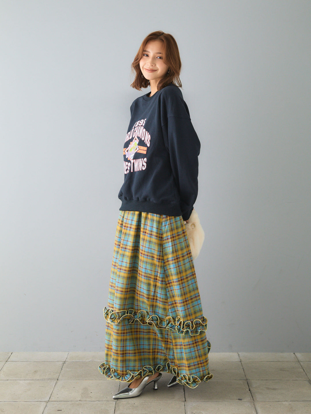 予約]チェック柄フリルフレアロングスカート/YELLOW – maison-nua_shop 